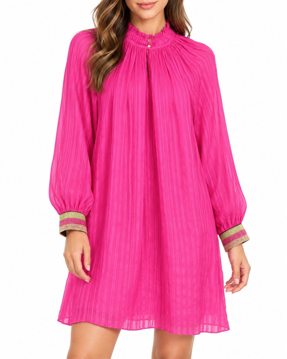 Marie Oliver Women's Sz M Arden Silk Dress Electric Pink Metallic Cuffs